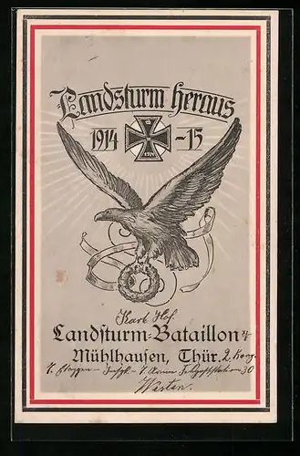 AK Mühlhausen i. Thür., Landsturm-Bataillon 1914-15, Landsturm heraus!