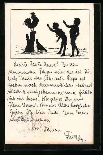 AK Scherenschnitt Kinder ärgern Hahn