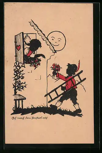 AK Bursche bringt seiner Geliebten Blumen ans Fenster, Scherenschnitt