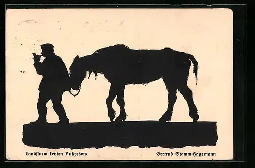 AK Scherenschnitt eines Mannes mit Pfeife, der ein Pferd zieht