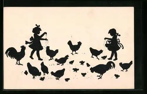AK Mädchen füttern Hühner als Scherenschnitt