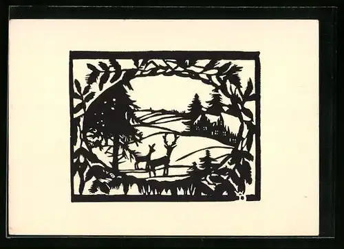 AK Waldpartie mit Wild als Scherenschnitt