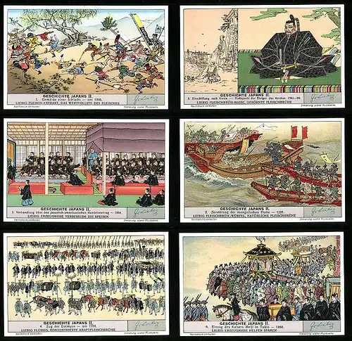 6 Sammelbilder Liebig, Serie Nr. 1377: Geschichte Japans II., Tokio, Daimyo, Hideyoshi