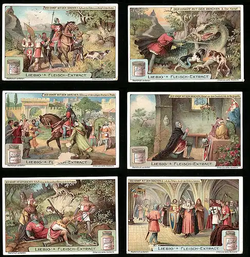 6 Sammelbilder Liebig, Serie Nr. 990: Der Kampf mit dem Drachen, Ritter, Sage, Mittelalter