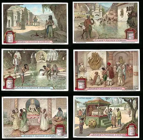 6 Sammelbilder Liebig, Serie Nr. 1041: Die Götter Indiens, Hanuman, Shiva, Wischnu, Ganesha