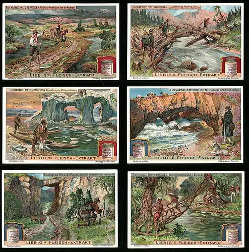 6 Sammelbilder Liebig, Serie Nr. 1057: Eigenartige Naturbrücken, Schlingpflanze, Kanada, Grönland