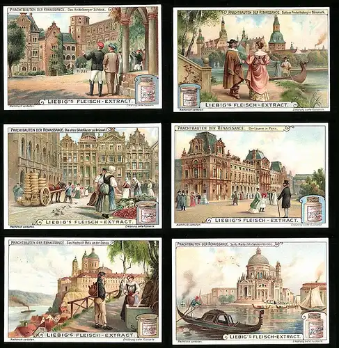 6 Sammelbilder Liebig, Serie Nr. 1000: Prachtbauten der Renaissance, Melk, Venedig, Louvre