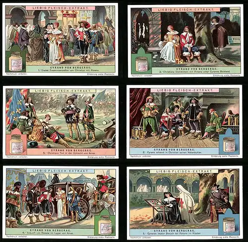 6 Sammelbilder Liebig, Serie Nr. 1191: Cyrano von Bergerac, Roxane, Arras, Musketiere