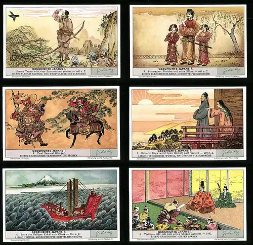 6 Sammelbilder Liebig, Serie Nr. 1377: Geschichte Japans I., Shotoku, Samurai, Kaiserin Jingu