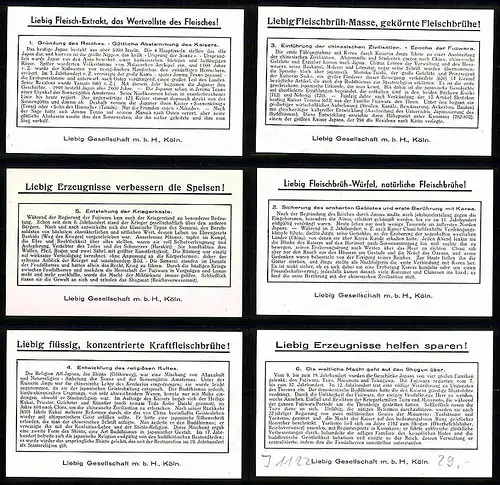 6 Sammelbilder Liebig, Serie Nr. 1377: Geschichte Japans I., Shotoku, Samurai, Kaiserin Jingu