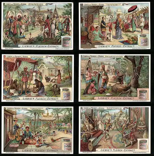6 Sammelbilder Liebig, Serie Nr. 949: Leben und Treiben in Birma, Tattoo, Handel, Feste