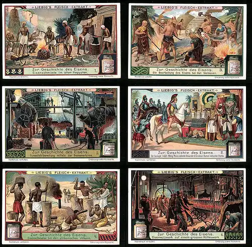 6 Sammelbilder Liebig, Serie Nr. 1091: Zur Geschichte des Eisens, Industrie, Gussstahl, Germanen