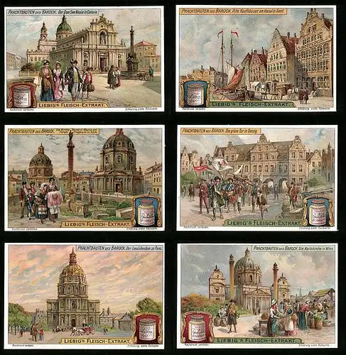 6 Sammelbilder Liebig, Serie Nr. 1074: Prachtbauten des Barock, Karlskirche, Gent, Danzig