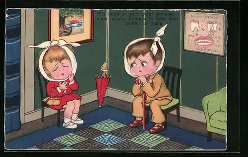 Künstler-AK Im Wartezimmer - Junge und Mädchen mit Zahnschmerzen