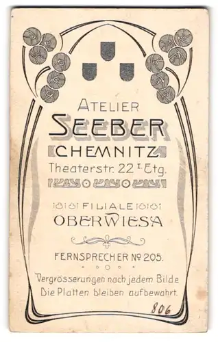 Fotografie Atelier Seeber, Chemnitz, Theaterstrasse 22, Ornament-Verzierungen, Rückseitig Potrait Dame