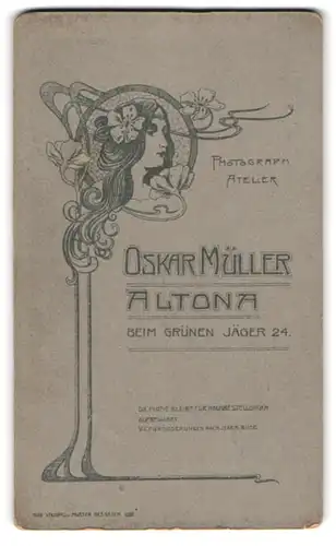 Fotografie Oskar Müller, Altona, beim grünen Jäger 24, Frauenkopf im Jugendstil mot Blumen im Haar