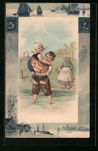 Präge-AK Niederländer trägt Niederländerin durch den Bach