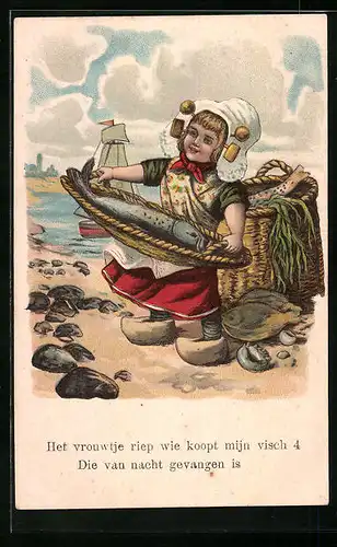 AK Het vrouwtje riep wie koopt mijn visch..., Niederländerin in Holzschuhen mit Fisch im Korb