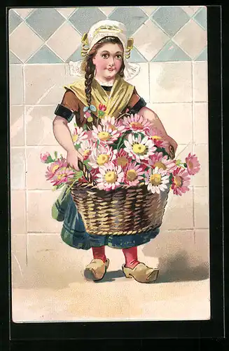 Präge-AK Niederländerin in Holzschuhen mit Blumenkorb