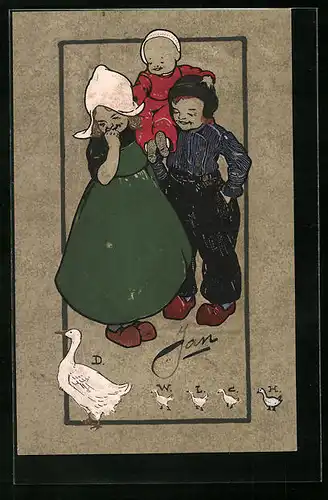 AK Niederländisches Paar mit kleinem Kind und Gänsen