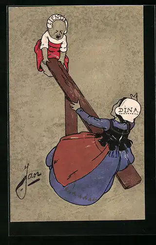 AK Niederländerin mit kleinem Kind auf einer Wippe