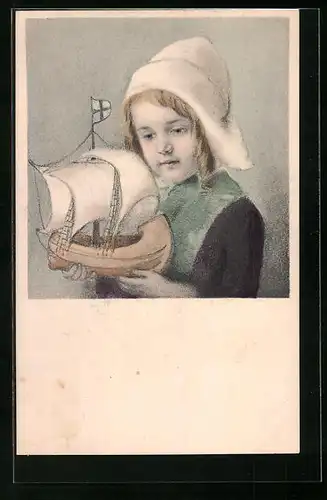AK Niederländisches Mädchen mit einem Spielzeugboot