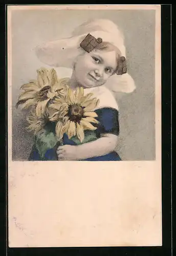 AK Niederländisches Mädchen mit Sonnenblumen