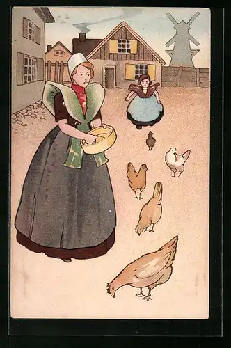 AK Zwei Niederländerinnen füttern Hühner, Im Hintergrund Windmühle