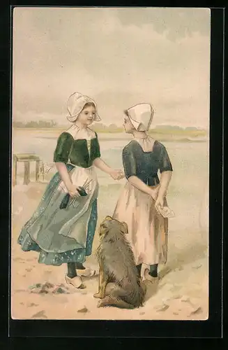 AK Zwei Niederländerinnen in Holzschuhen mit Hund
