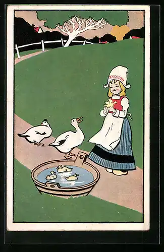 AK Niederländerin mit Gänsen und Küken an einer Wanne