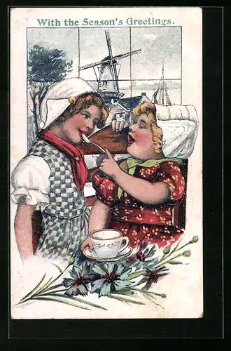 Präge-AK Niederländerin mit Mädchen und Tasse, Im Hintergrund Windmühle