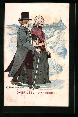 Künstler-AK Overijsel /Staphorst, Niederländisches Paar geht spazieren