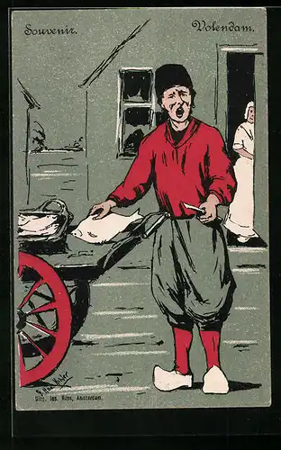 Künstler-AK Niederländischer Fischer preist seinen Fang an