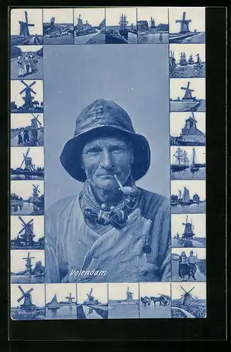 AK Volendam, wettergegerbter Fischer mit Pfeife