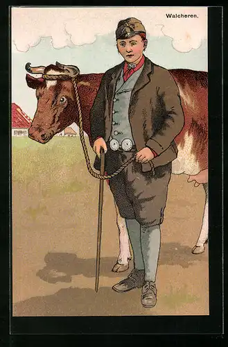 Künstler-AK Walcheren, niederländischer Jungbauer mit einer Kuh