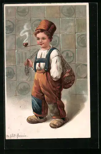 Präge-AK Kleiner niederländischer Fischer mit Pfeife