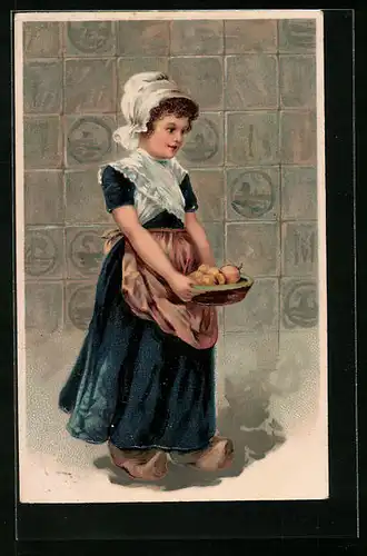 Präge-AK Kleine Holländerin mit Obstschale