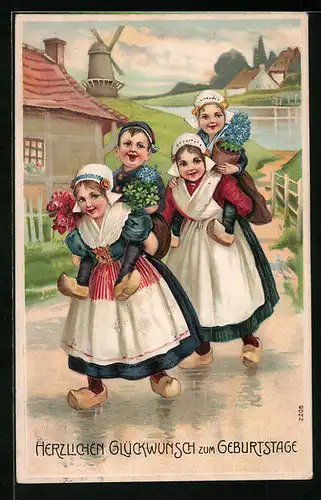Präge-AK Niederländische Kinder auf dem Weg zum Geburtstagskind