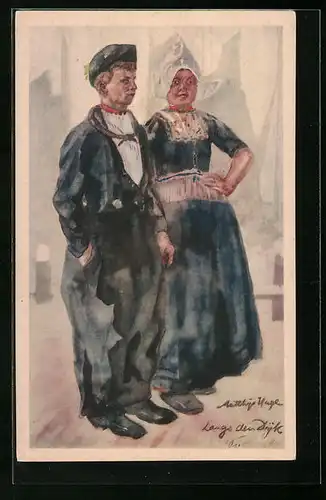 Künstler-AK Langs den Dijk, niederländisches Paar spaziert am Deich entlang