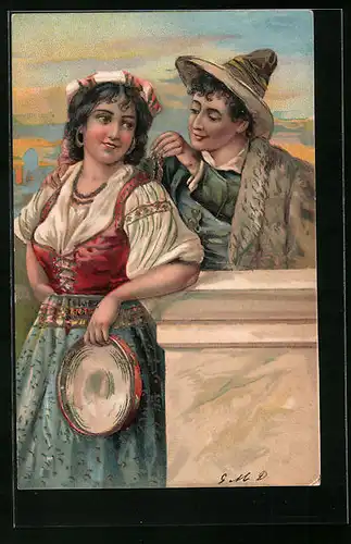 Präge-AK Junges Paar in italienischer Tracht