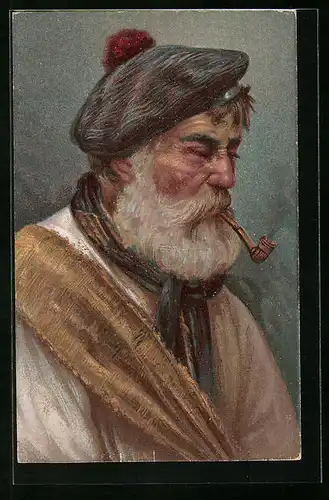 Künstler-AK Mann mit Bommelmütze und Schärpe