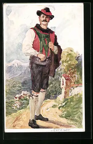 Künstler-AK Merano, Wanderer in Tracht