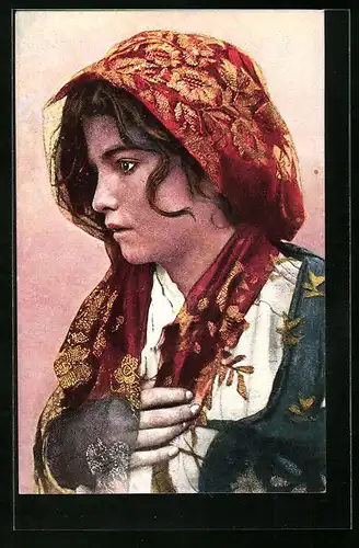 Künstler-AK Junge Frau in sizilianischer Tracht mit Kopftuch