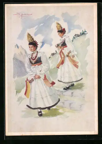 Künstler-AK Zwei junge Frauen aus den Bergen in Tracht
