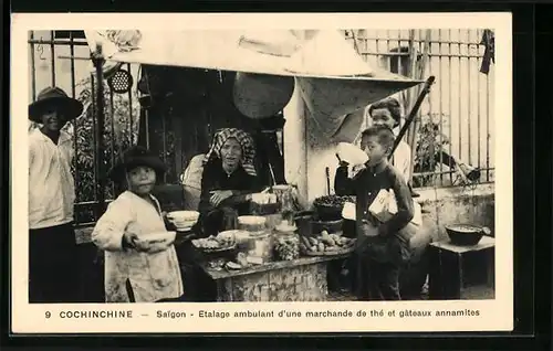 AK Saigon, Etalage ambulant d`une marchande de the et gateaux annamites, Wanderstand eines Teeverkäufers