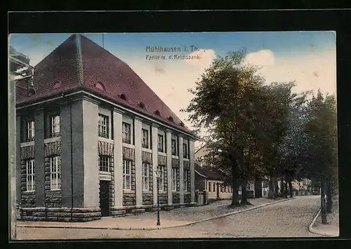 AK Mühlhausen i. Th., Partie mit der Reichsbank, Strassenbäume