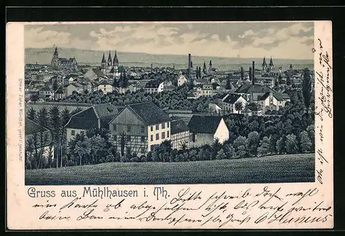 AK Mühlhausen i. Th., Ortsansicht mit Kirchen und Fabrikschornsteinen