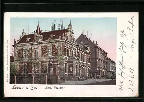 AK Löbau i. Sa. Strassenpartie mit kaiserlichem Postamt