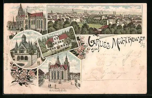 Lithographie Mühlhausen i. Th., Ortsansicht, Obermarktskirche, Popperode