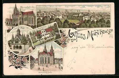 Lithographie Mühlhausen i. Th., Totalansicht, Obermarktskirche, Popperode, Untermarktskirche
